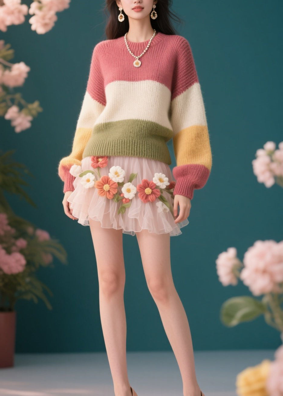 Chic Colorblock O Neck Knit Short Sweaters Winter