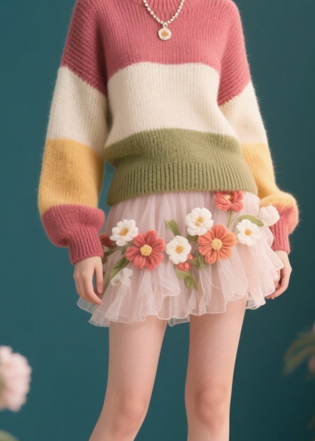 Chic Colorblock O Neck Knit Short Sweaters Winter