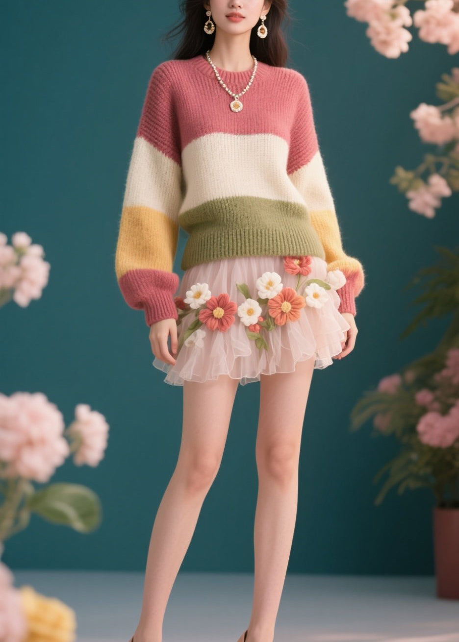 Chic Colorblock O Neck Knit Short Sweaters Winter