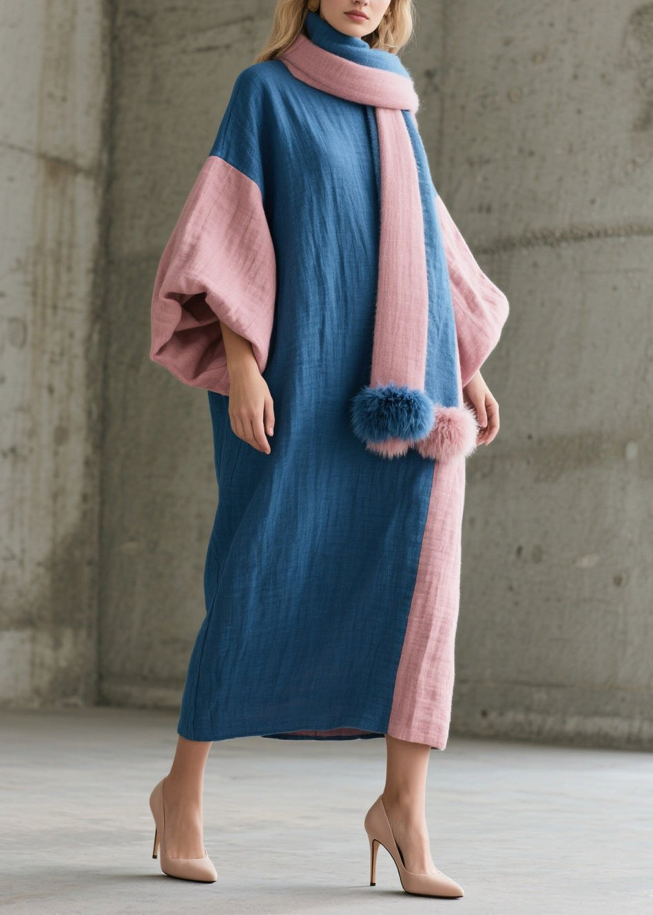 Chic Colorblock O Neck Patchwork Cotton Robe Dresses Fall