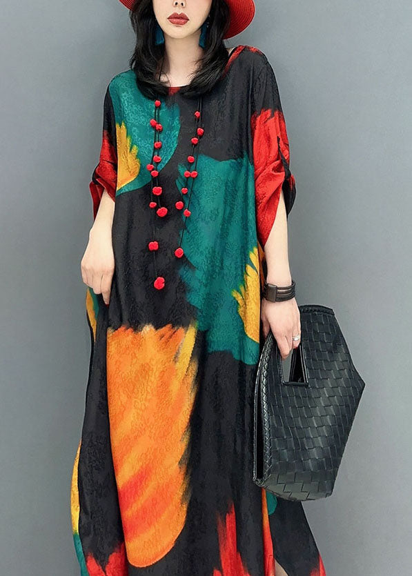 Chic Colorblock O Neck Print Patchwork Cotton Maxi Dress Spring