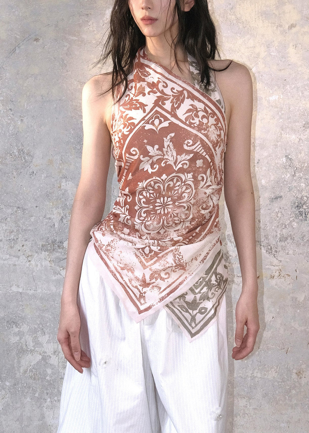 Chic Colorblock Print Cotton Halter Tops Summer