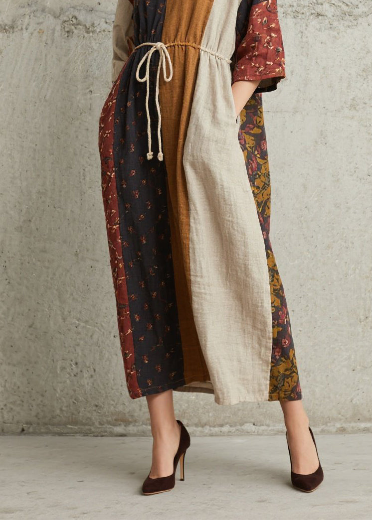 Chic Colorblock Print Lace Up Cotton Dress Summer