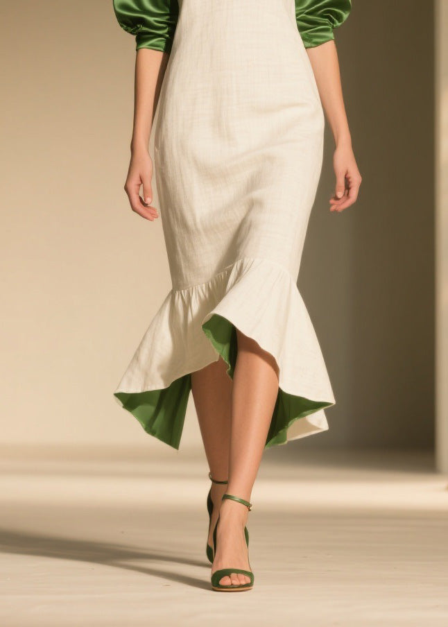 Chic Colorblock Ruffled Patchwork Linen Silk Dress Summer