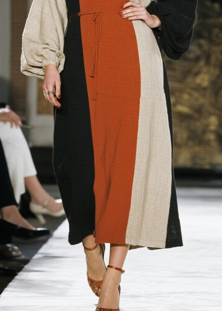 Chic Colorblock Tie Waist Asymmetrical Design Cotton Dresses Spring