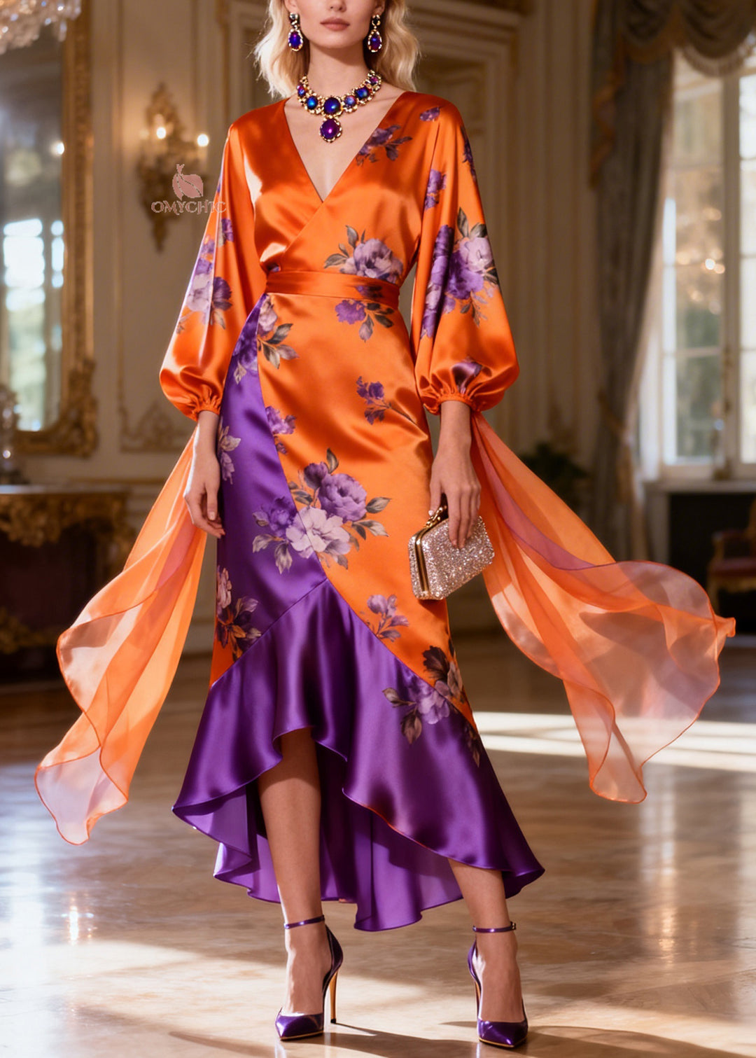 Chic Colorblock V Neck Asymmetrical Design Patchwork Silk Dress Summer