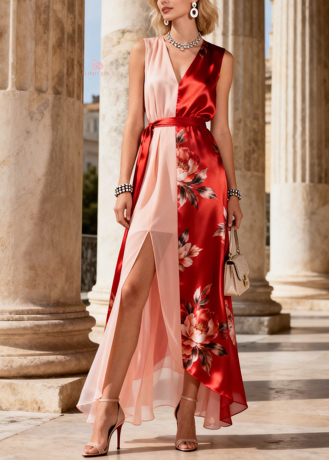 Chic Colorblock V Neck Asymmetrical Print Chiffon Dress Sleeveless