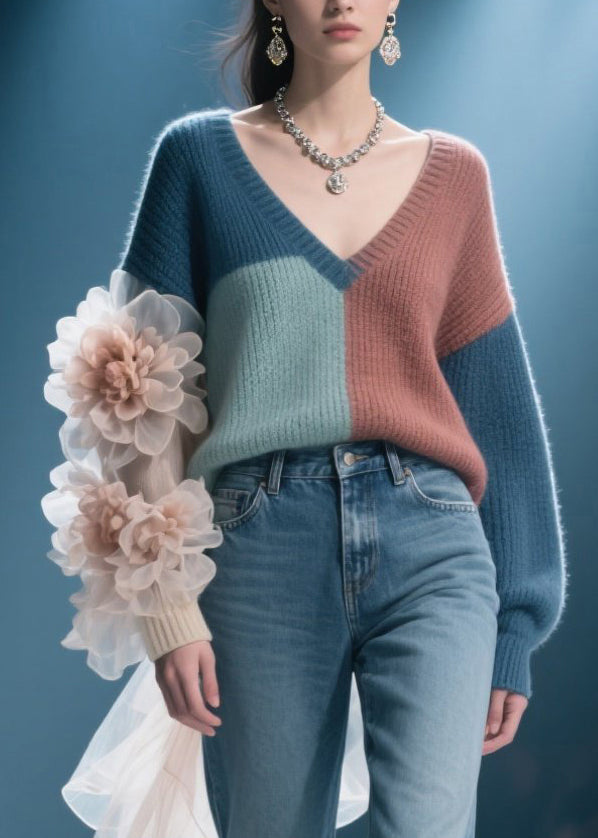 Chic Colorblock V Neck Floral Knit Pullover Fall