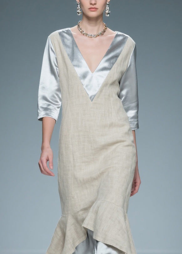 Chic Colorblock V Neck Patchwork Linen Silk Long Dresses Summer