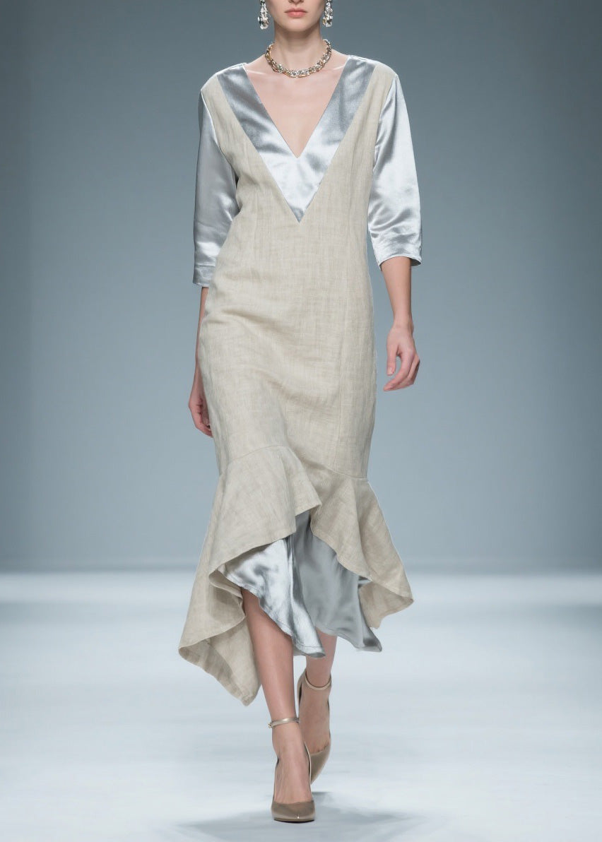 Chic Colorblock V Neck Patchwork Linen Silk Long Dresses Summer