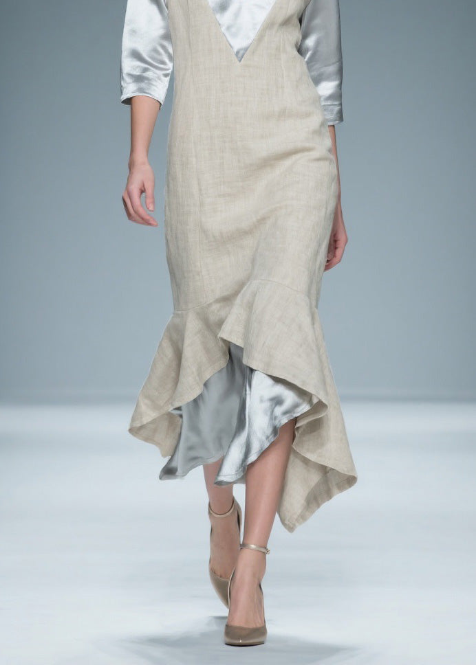 Chic Colorblock V Neck Patchwork Linen Silk Long Dresses Summer