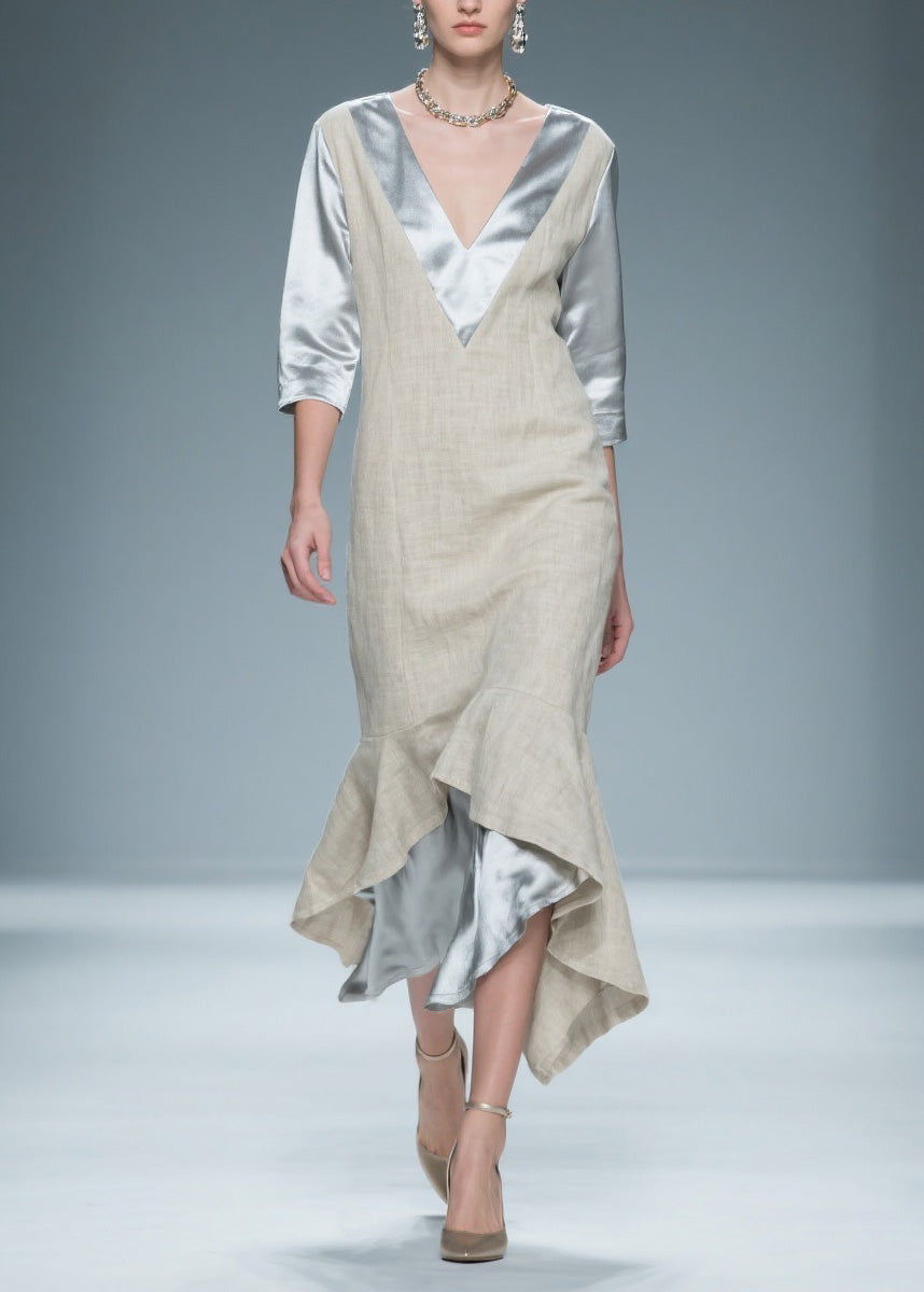 Chic Colorblock V Neck Patchwork Linen Silk Long Dresses Summer
