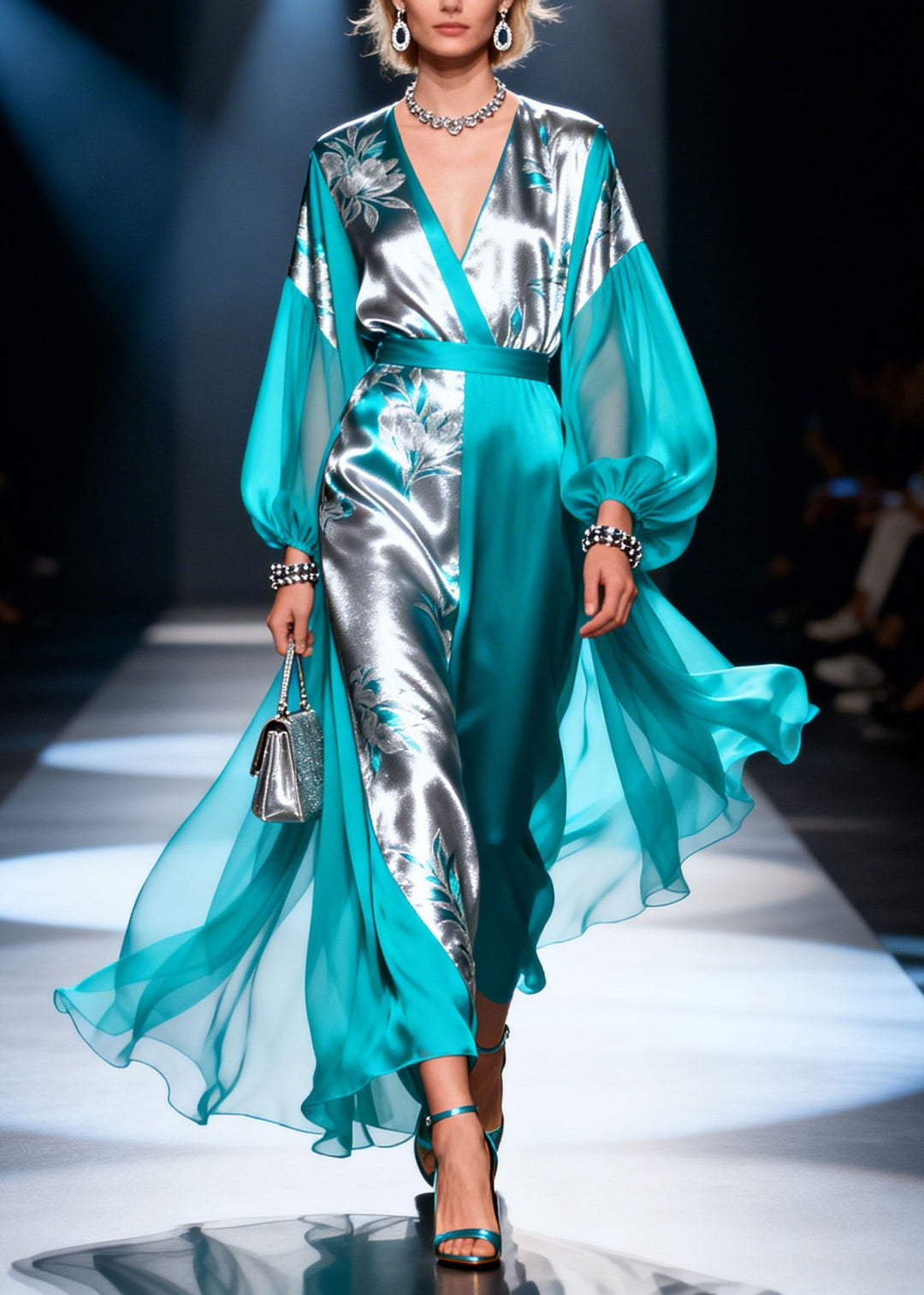Chic Colorblock V Neck Print Patchwork Silk Dress Lantern Sleeve