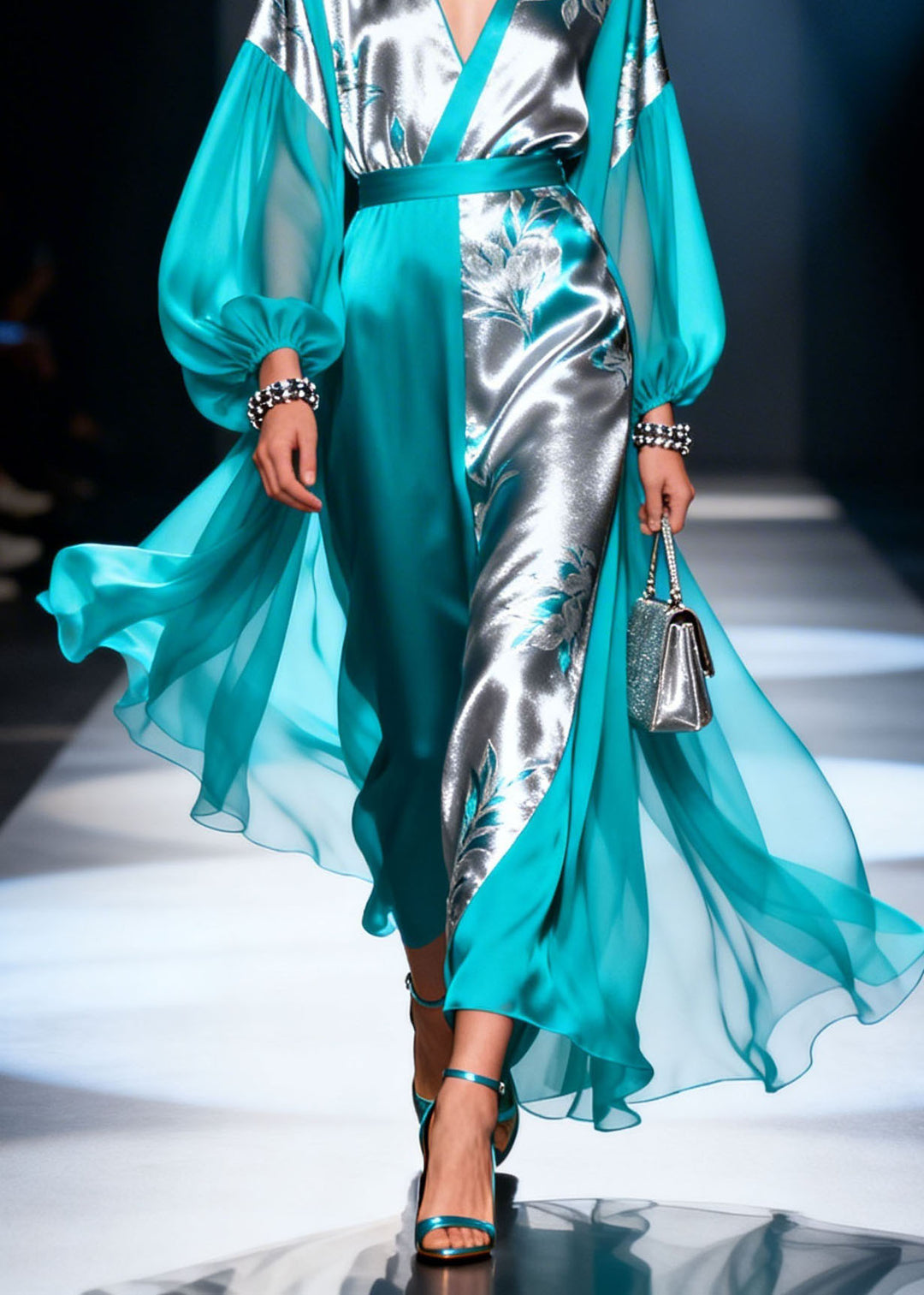 Chic Colorblock V Neck Print Patchwork Silk Dress Lantern Sleeve