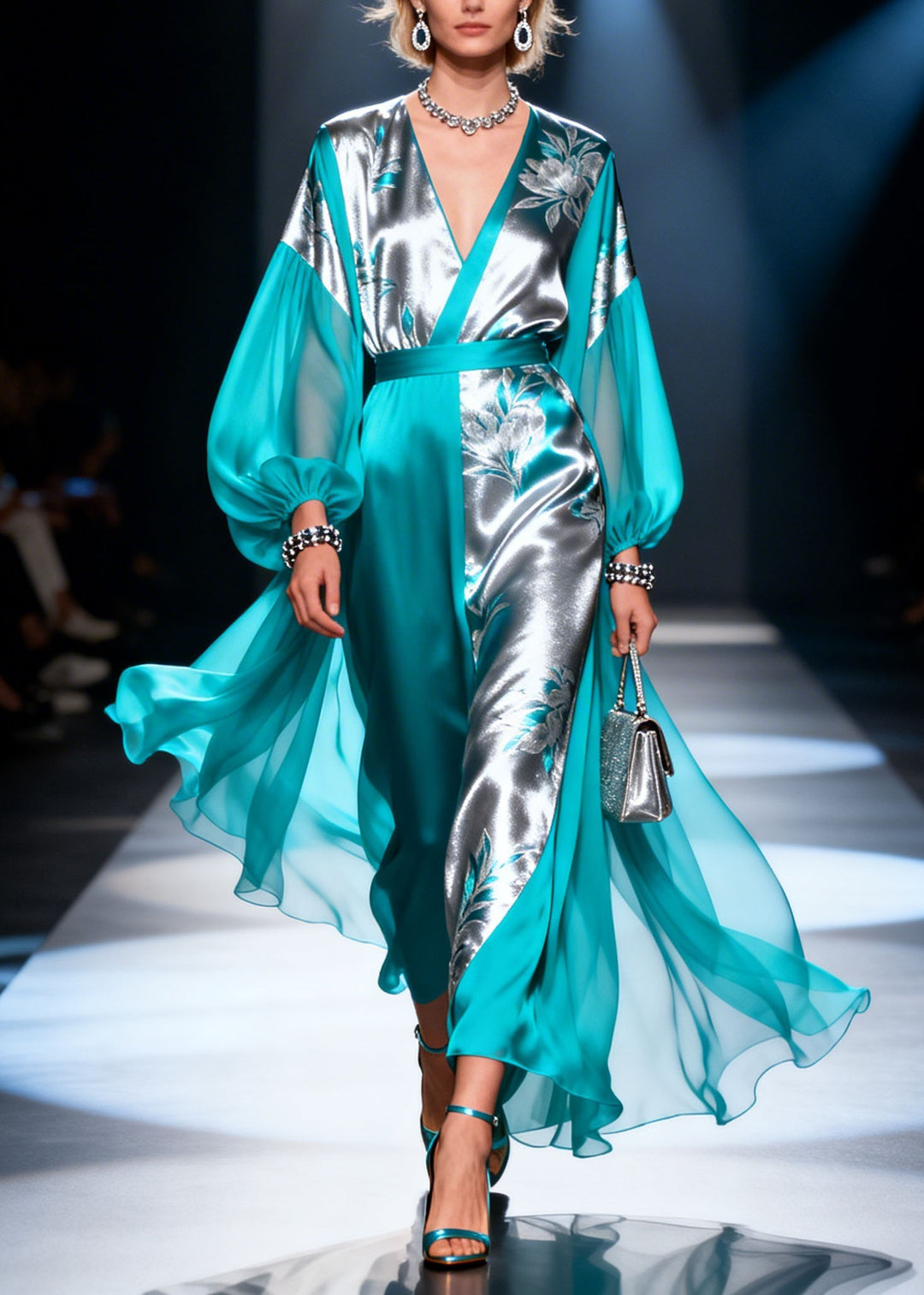 Chic Colorblock V Neck Print Patchwork Silk Dress Lantern Sleeve