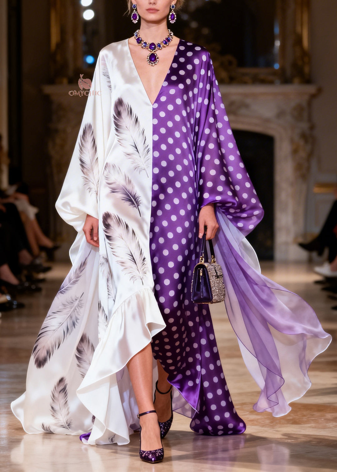 Chic Colorblock V Neck Ruffled Print Patchwork Silk Dresses Summer