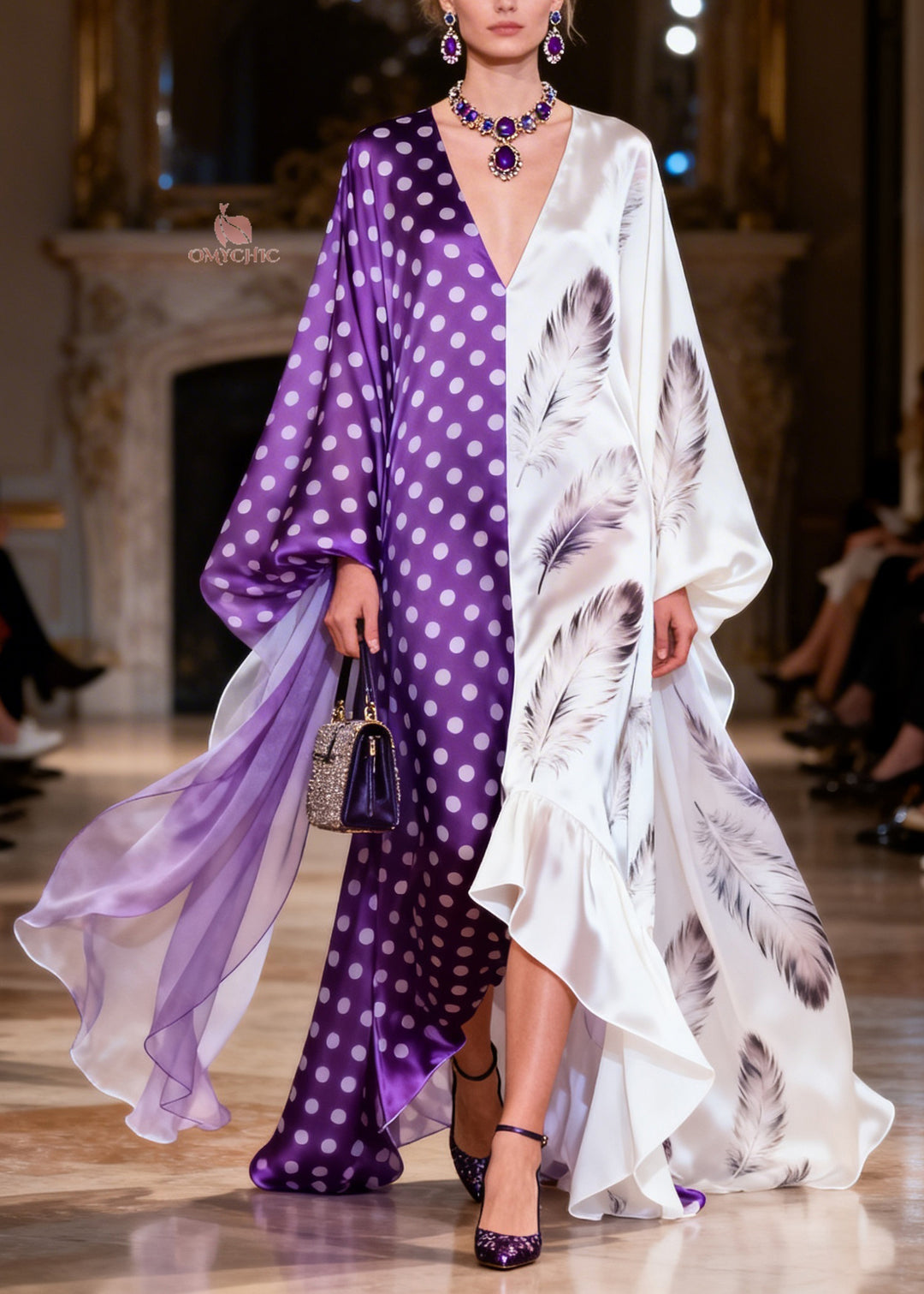 Chic Colorblock V Neck Ruffled Print Patchwork Silk Dresses Summer