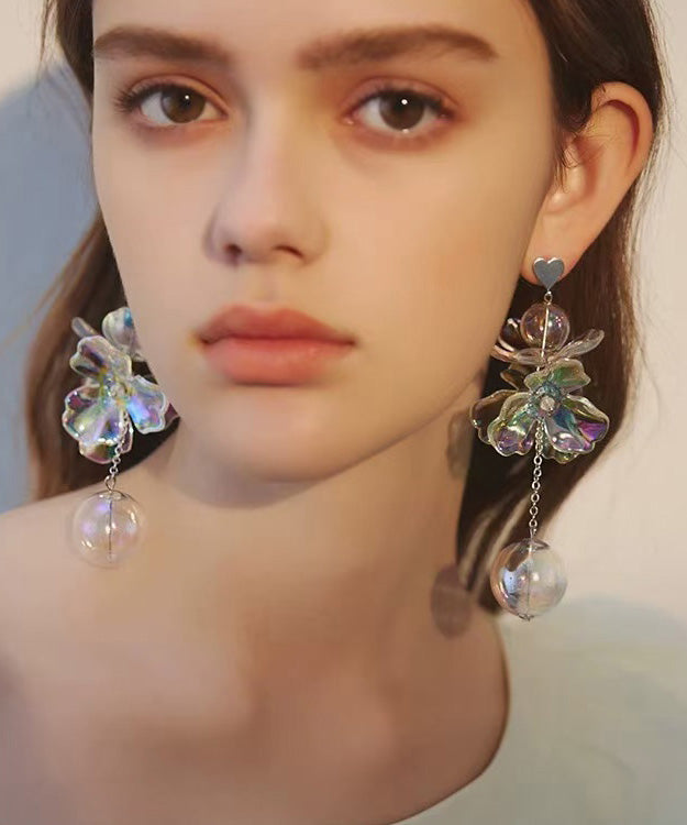 Chic Colorful Transparent Crystal Flower Long Stud Earrings
