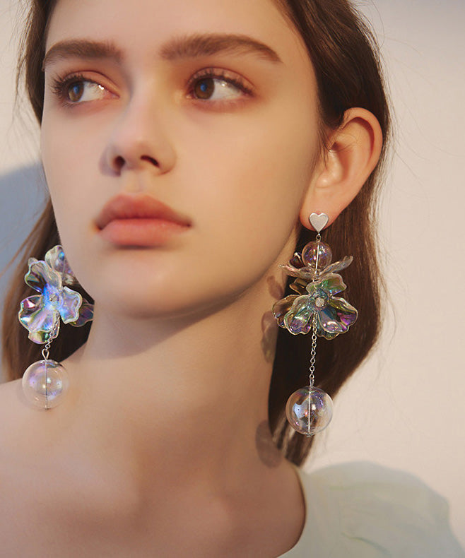 Chic Colorful Transparent Crystal Flower Long Stud Earrings