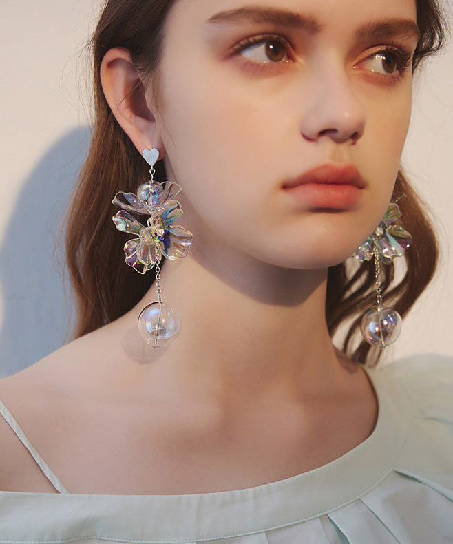 Chic Colorful Transparent Crystal Flower Long Stud Earrings