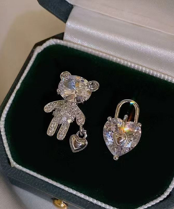 Chic Copper Zircon Asymmetrical Little Bear Love Lock Stud Earrings