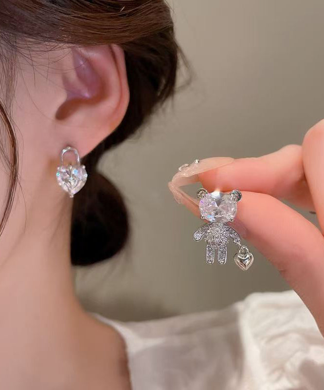 Chic Copper Zircon Asymmetrical Little Bear Love Lock Stud Earrings
