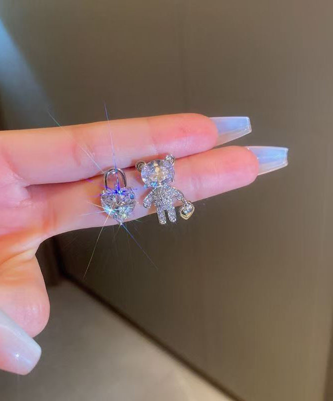 Chic Copper Zircon Asymmetrical Little Bear Love Lock Stud Earrings