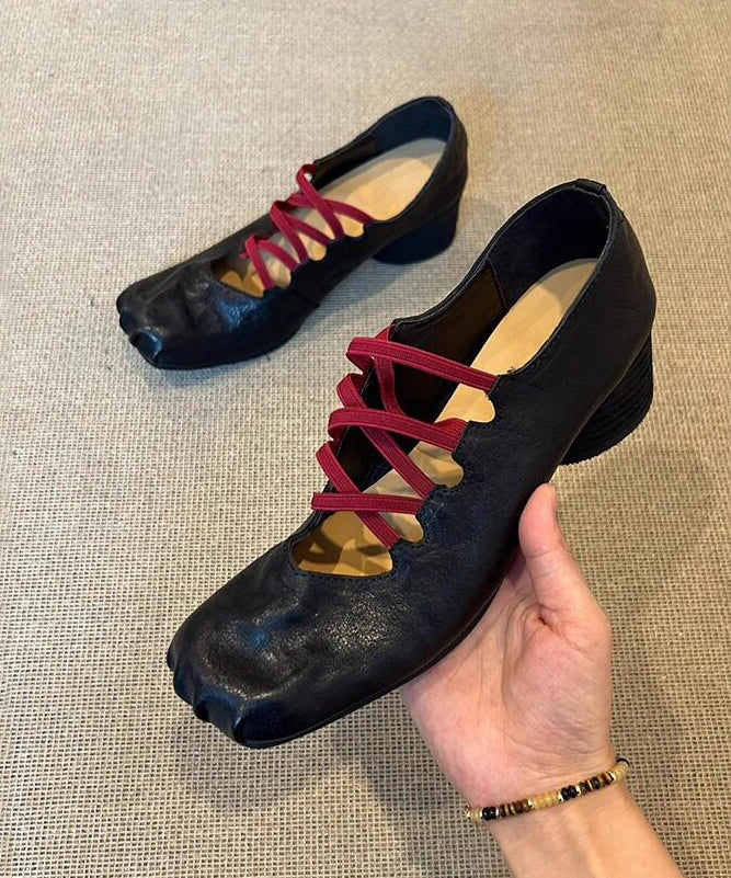Chic Cross Strap Splicing Chunky High Heels Black Sheepskin