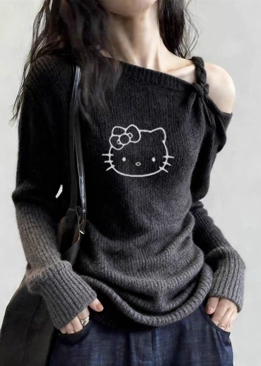 Chic Dark Grey Cold Shoulder Print Cotton Knit Sweater Tops Spring