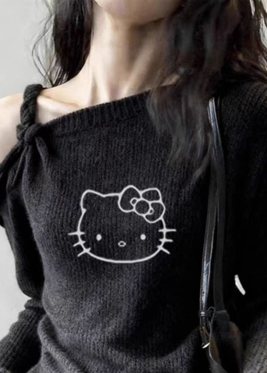 Chic Dark Grey Cold Shoulder Print Cotton Knit Sweater Tops Spring