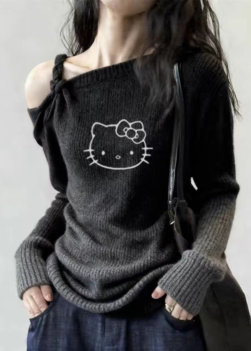 Chic Dark Grey Cold Shoulder Print Cotton Knit Sweater Tops Spring