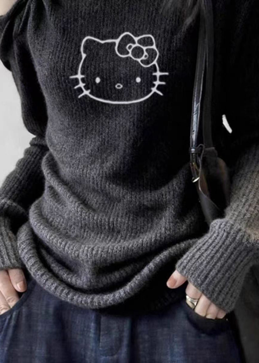 Chic Dark Grey Cold Shoulder Print Cotton Knit Sweater Tops Spring