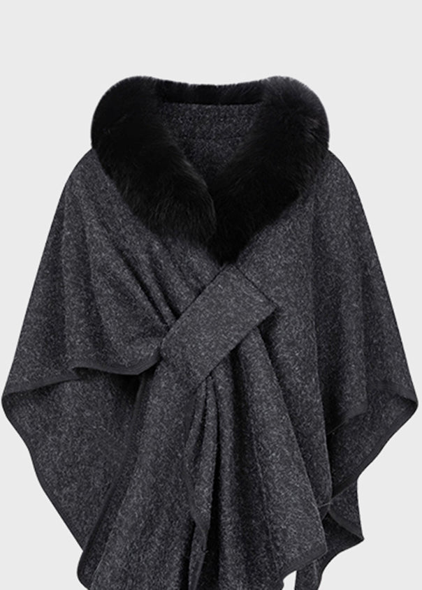 Chic Dark Grey Fur Collar Coats Batwing Sleeve