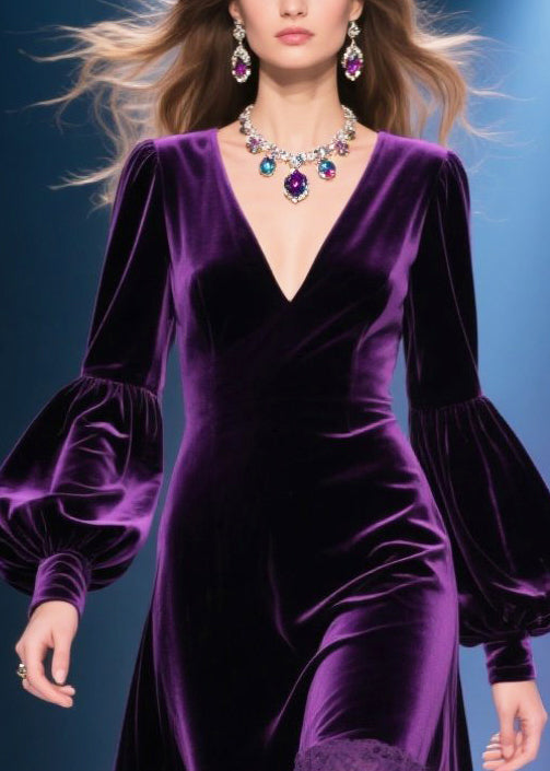 Chic Dull Purple V Neck Patchwork Silk Velvet Maxi Dresses Lantern Sleeve