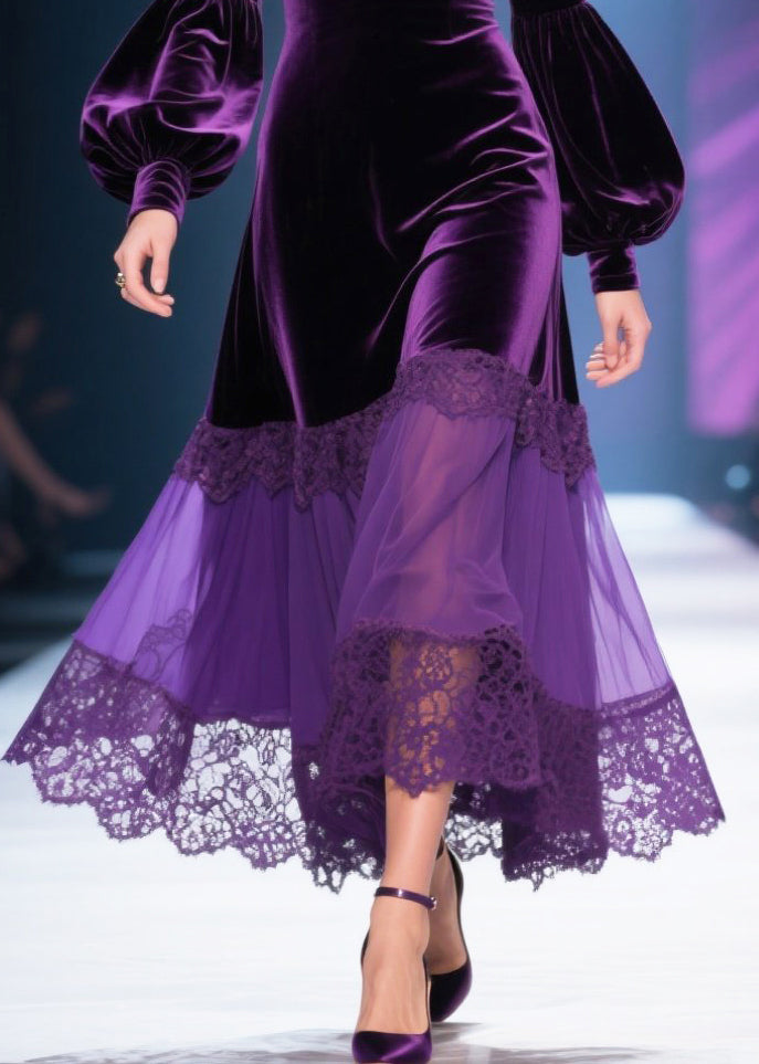 Chic Dull Purple V Neck Patchwork Silk Velvet Maxi Dresses Lantern Sleeve