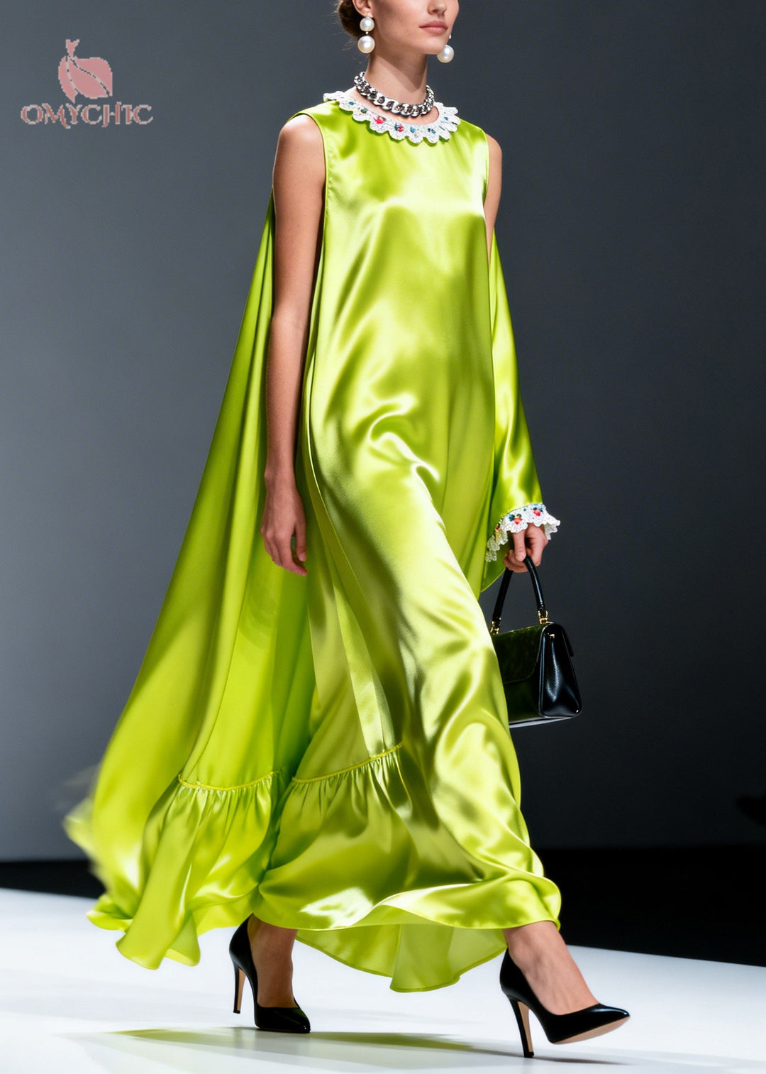 Chic Fluorescent Green Oversized Draping Silk Dresses Sleeveless