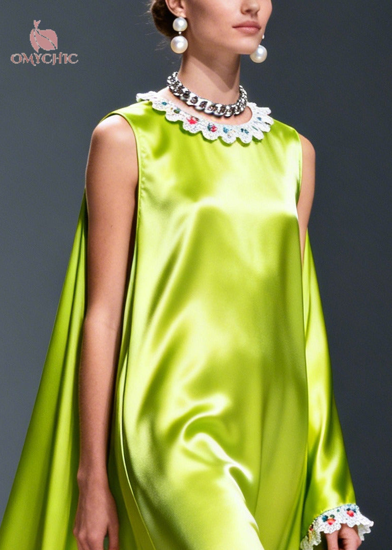Chic Fluorescent Green Oversized Draping Silk Dresses Sleeveless