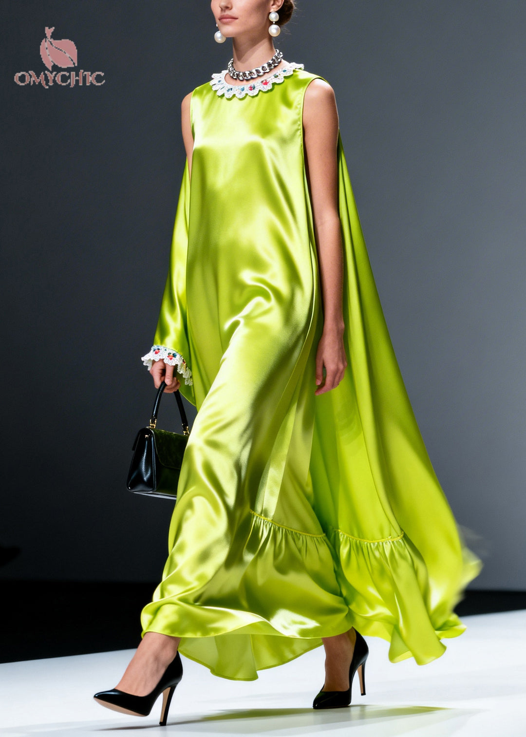 Chic Fluorescent Green Oversized Draping Silk Dresses Sleeveless
