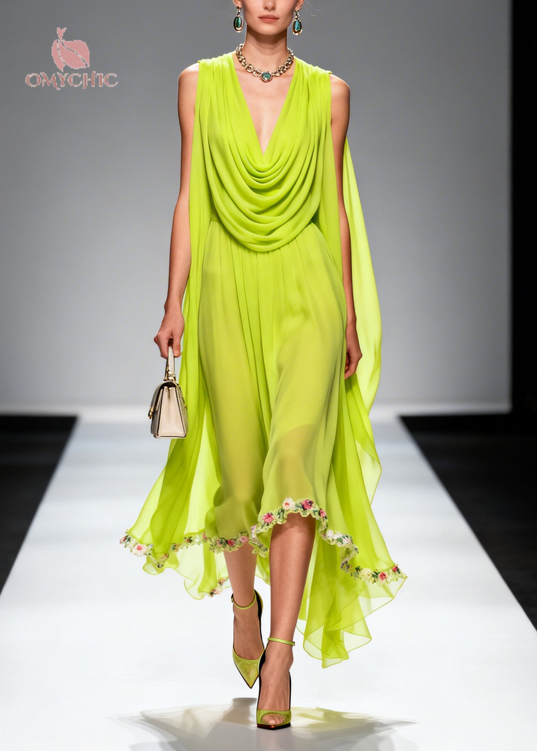 Chic Fluorescent Green Turtle Neck Floral Chiffon Long Dresses Summer