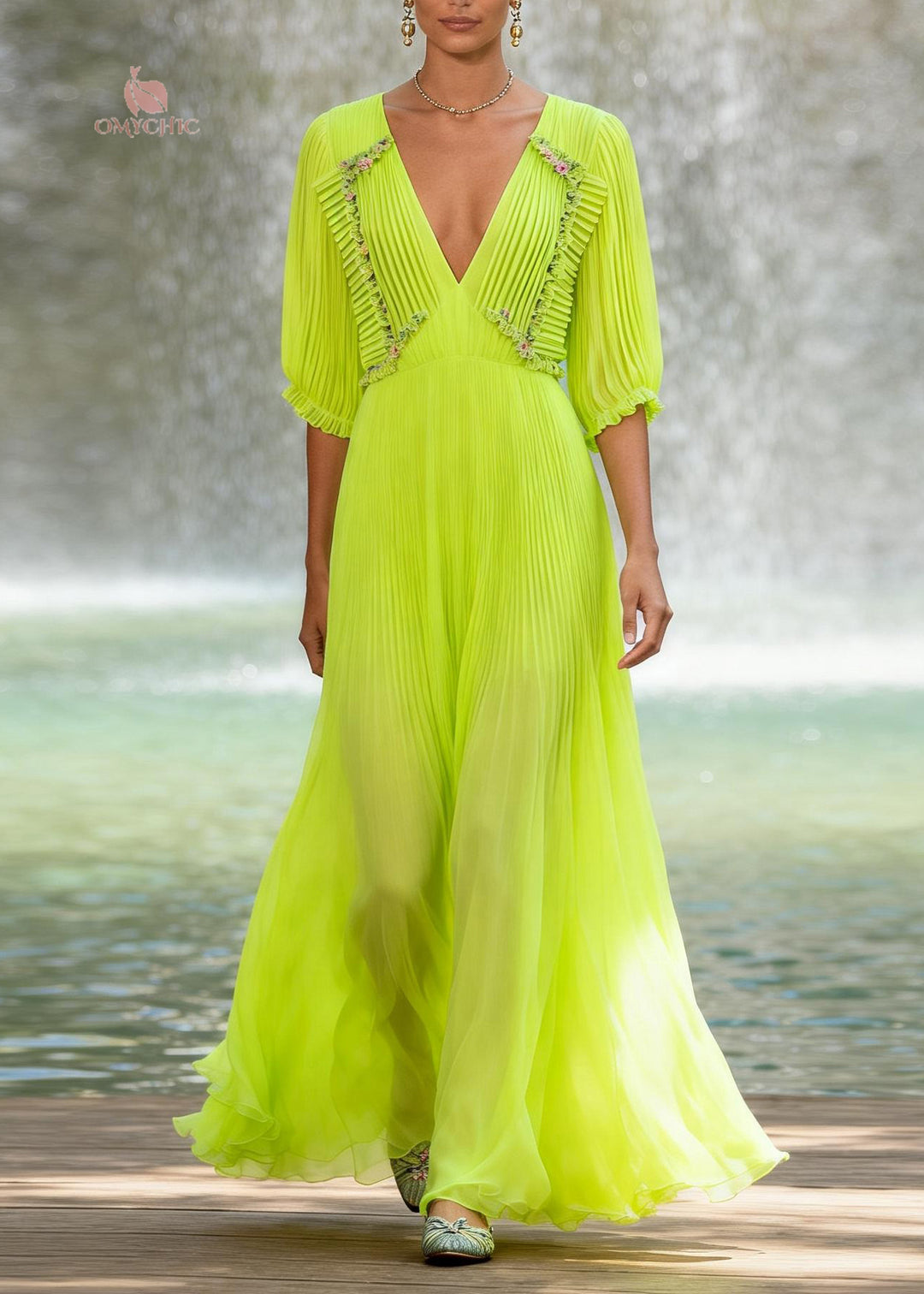 Chic Fluorescent Green V Neck Wrinkled Patchwork Chiffon Maxi Dresses Summer
