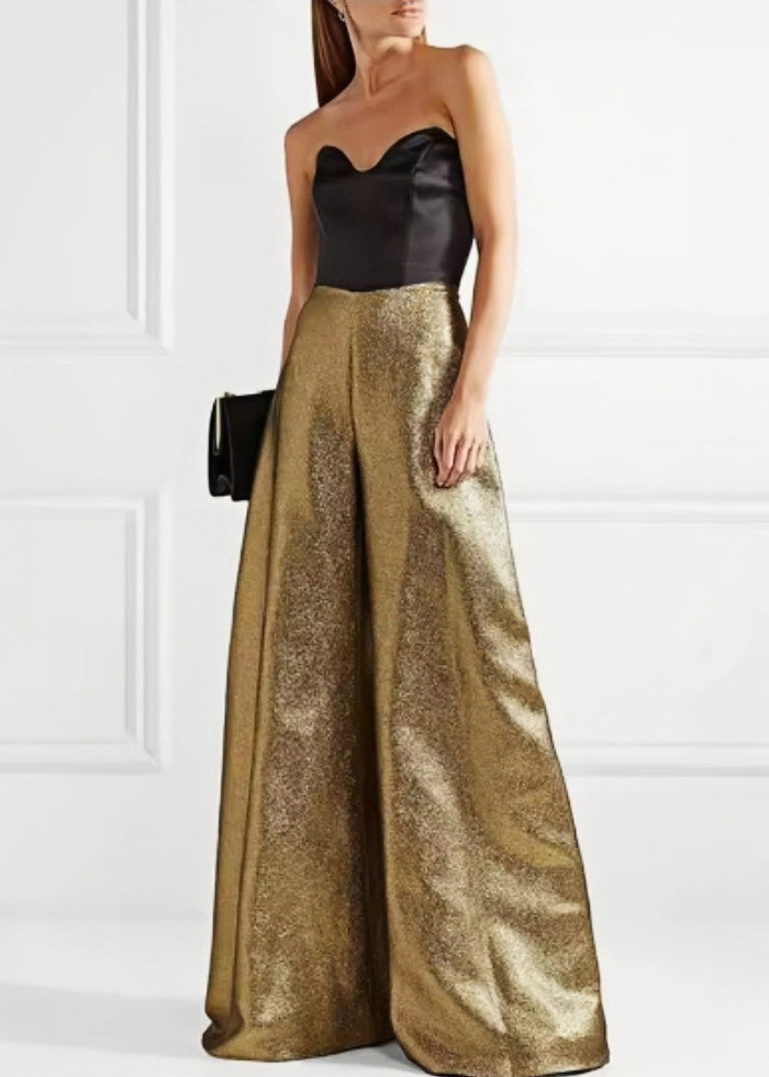 Chic Gold Cold Shoulder Patchwork Wide Leg Jumpsuit Summer