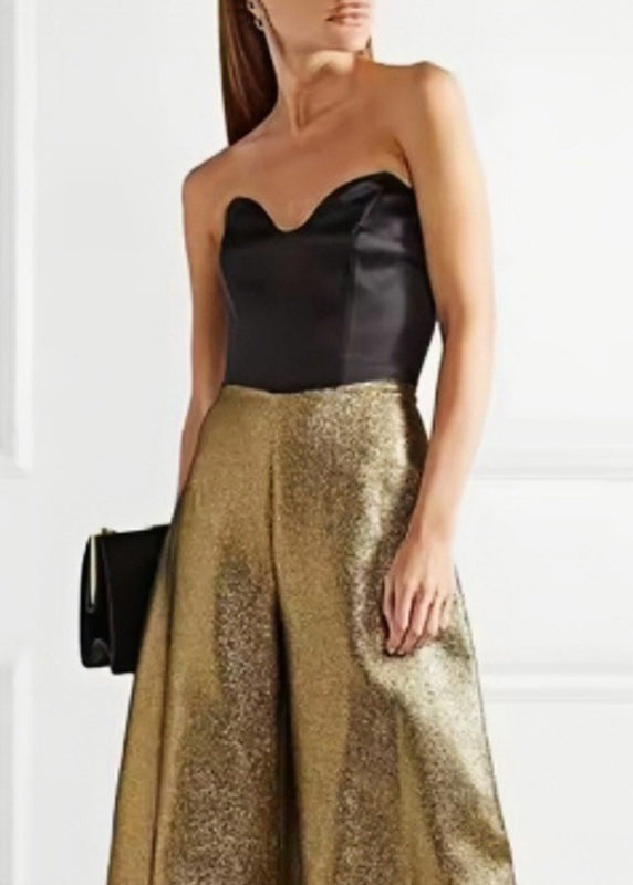 Chic Gold Cold Shoulder Patchwork Wide Leg Jumpsuit Summer