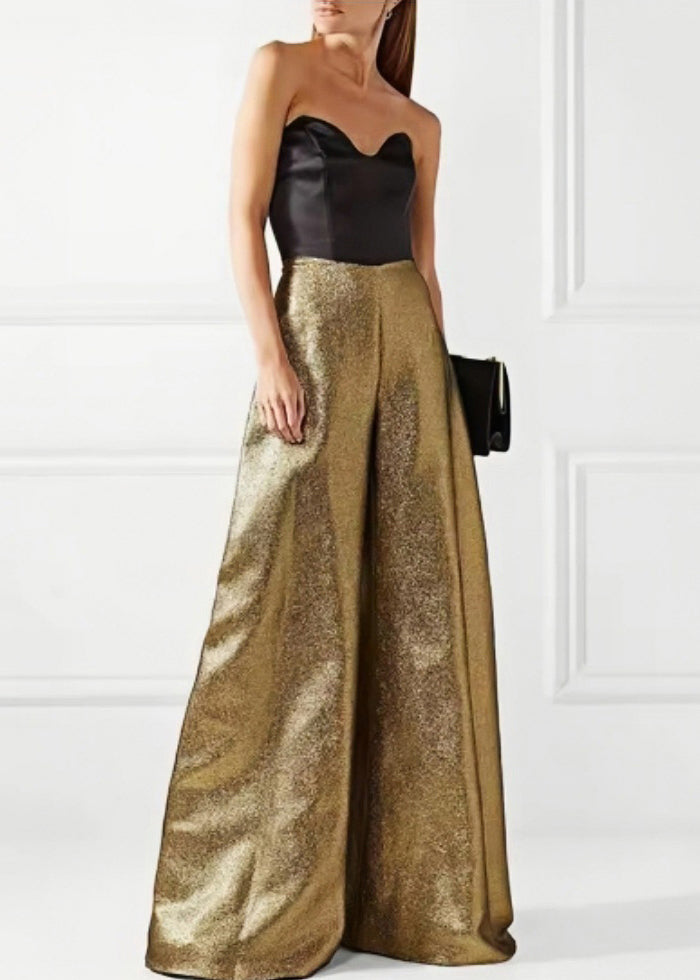 Chic Gold Cold Shoulder Patchwork Wide Leg Jumpsuit Summer