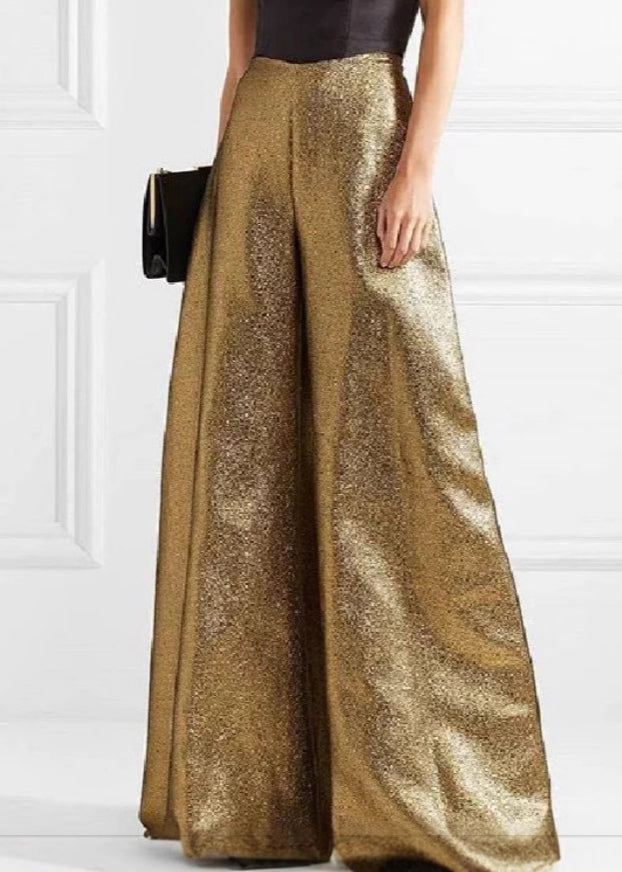 Chic Gold Cold Shoulder Patchwork Wide Leg Jumpsuit Summer