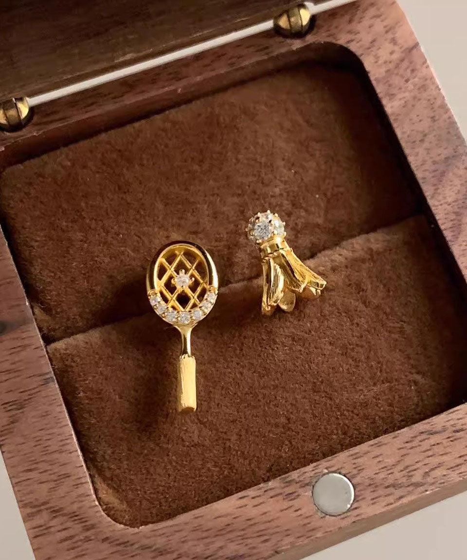 Chic Gold Copper Alloy Zircon Asymmetrical Badminton Racket Drop Earrings