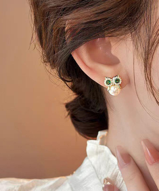 Chic Gold Copper Alloy Zircon Owl Pearl Stud Earrings
