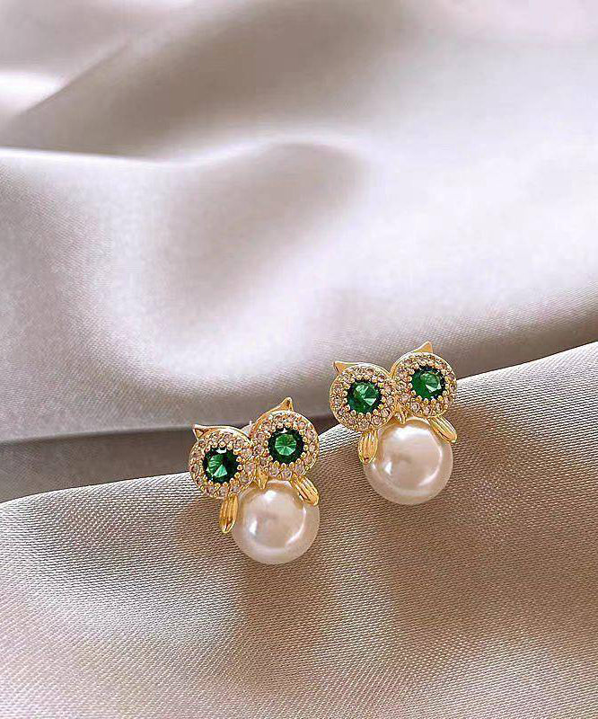 Chic Gold Copper Alloy Zircon Owl Pearl Stud Earrings
