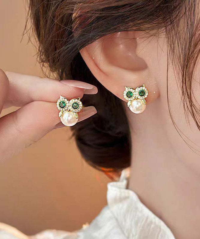 Chic Gold Copper Alloy Zircon Owl Pearl Stud Earrings