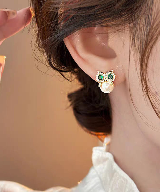 Chic Gold Copper Alloy Zircon Owl Pearl Stud Earrings
