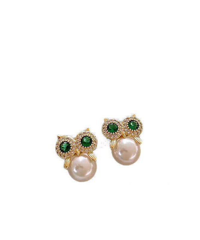 Chic Gold Copper Alloy Zircon Owl Pearl Stud Earrings